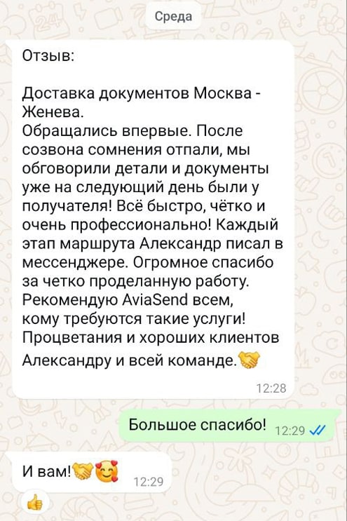 This was our first time using this service. After a phone call, our doubts disappeared. We discussed the details and the documents were at the recipient's place the very next day! Everything was fast, clear, and very professional! Alexander communicated with me via messenger at every stage of the route. Thank you so much for the excellent work. I recommend AviaSend to anyone who needs this type of service! Prosperity and good clients to Alexander and the entire team!